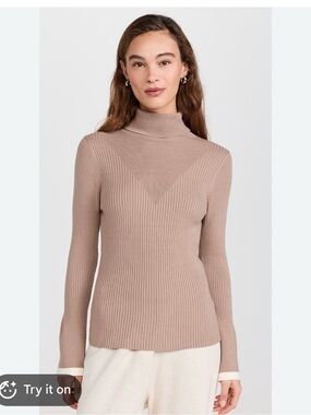 Varley Ravena Knit Ribbed High Neck Turtle Brown Beige Sweater